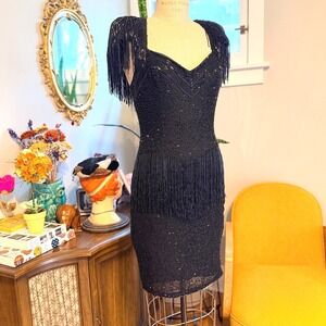 Lillie Rubin Vintage 80s Black‎ Beaded Fringe Embellished Cocktail Dress Size 10